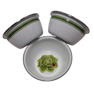 Golden Rabbit Enamel Rimmed Bowls Cabbage & Radish Pattern Salad Soup Cereal